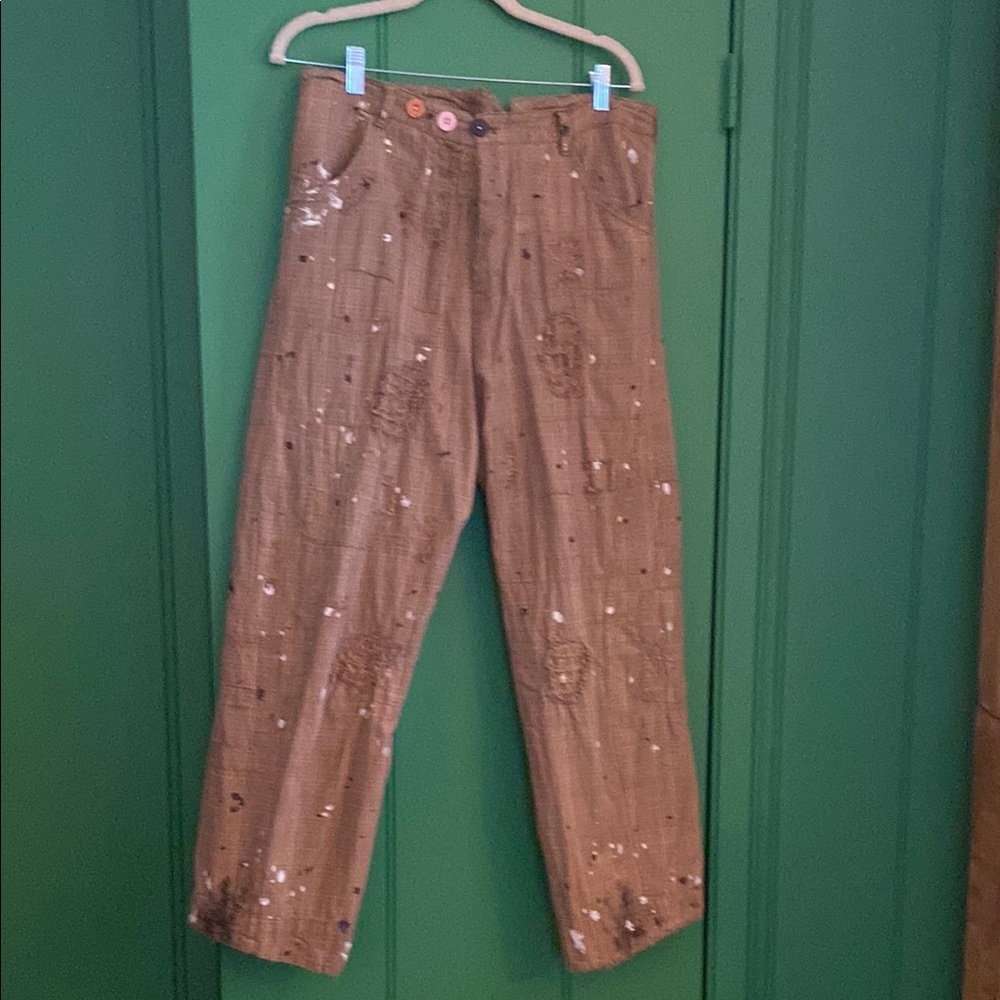 Artistic Brown Paint-Splattered Pants magnolia pearl with tag excellent!